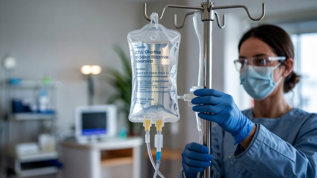 A photograph depicting a clear intravenous (IV) bag of 0.9% sodium chloride solution suspended from a stainless steel IV pole. The transparent bag reveals the pristine saline, with a thin, flexible tubing connecting it to the arm of a patient whose skin is pale and slightly translucent. A healthcare professional in blue surgical gloves and a protective mask carefully adjusts the flow regulator on the IV pole, while in the softly lit background, blurred medical equipment and a minimalist, white hospital room fade into focus. The lighting is diffused and clinical, highlighting the clarity of the saline and emphasizing the sterile environment of the medical setting.