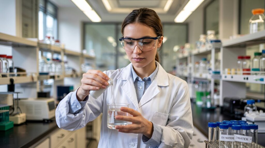 A photograph of a young lab technician carefully dispensing distilled water into a glass beaker in a modern, well-equipped laboratory. She is wearing a crisp white lab coat and protective goggles, her expression focused and intent as she holds the beaker. Behind her, stainless steel lab benches are lined with various scientific instruments and neatly organized rows of test tubes labeled with "“DI Water”". Soft, diffused lighting from overhead fixtures illuminates the scene, creating a clean and professional atmosphere.