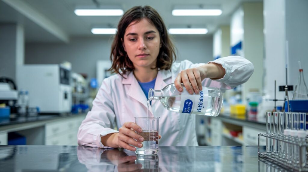 A photograph of a young lab technician carefully pouring distilled water into a glass beaker within a sterile laboratory. The technician, a woman with shoulder-length brown hair and wearing a white lab coat, has a focused expression as she tilts a glass bottle labeled "Distilled Water" while holding it with a steady hand. The background includes stainless steel countertops, various scientific instruments, and a rack of test tubes, illuminated by bright overhead fluorescent lights. The overall atmosphere is clean and precise, conveying a sense of scientific accuracy and order.