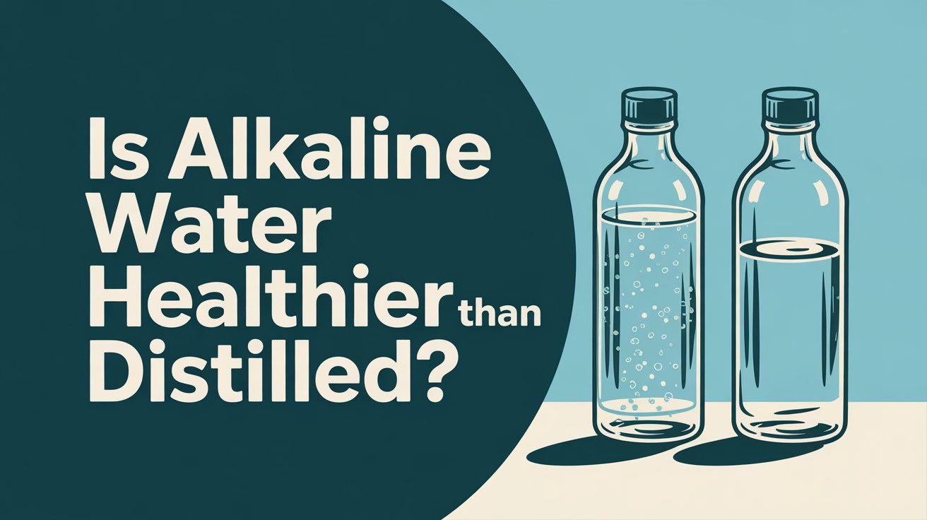 A promotional flyer in a modern, health-focused style announces "Is Alkaline Water Healthier Than Distilled?". The text is prominently displayed in bold, centered white lettering against a clean, dark teal background. In the background, two glass bottles stand side-by-side: one filled with shimmering alkaline water showing subtle bubbles, and the other with clear distilled water, each labeled with a simple, elegant font. Soft, diffused lighting highlights the bottles, emphasizing their clarity and the difference in their appearance, creating a visually striking comparison.