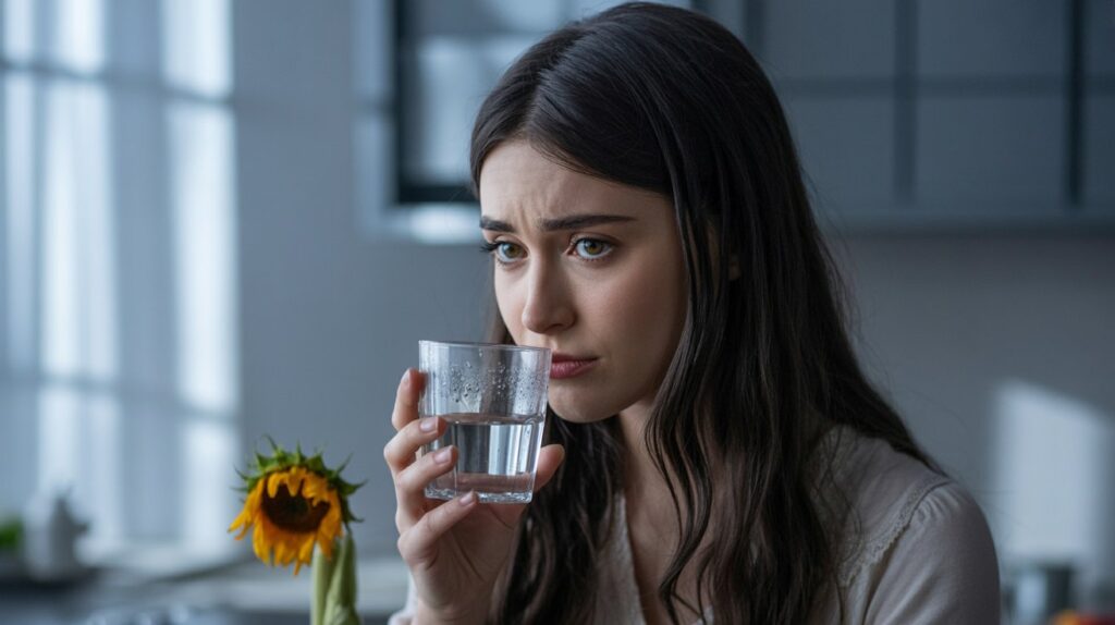 A cinematic portrait photograph of a young woman with long, dark hair, delicately touching a glass of water to her lips. Her expression is subtly displeased, a slight furrow in her brow and a downturned mouth conveying the sensation of "unpleasant taste". Soft, diffused window light illuminates her face, casting gentle shadows and highlighting the condensation on the glass, with a blurred background of a modern kitchen featuring muted gray cabinetry. A single, wilting sunflower sits on the countertop beside her, adding a touch of melancholy to the scene.