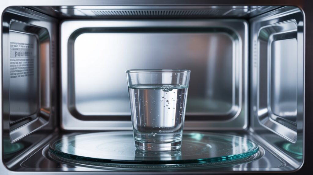 A photograph of a clear glass of water sitting inside an open microwave. The glass is filled with cool, sparkling water, with a few tiny bubbles rising to the surface, and sits slightly off-center on the microwave's rotating glass plate. The interior of the microwave is stainless steel, reflecting the light and creating a blurred, abstract pattern behind the glass. Soft, diffused lighting illuminates the scene, emphasizing the simplicity and unexpected nature of the composition.