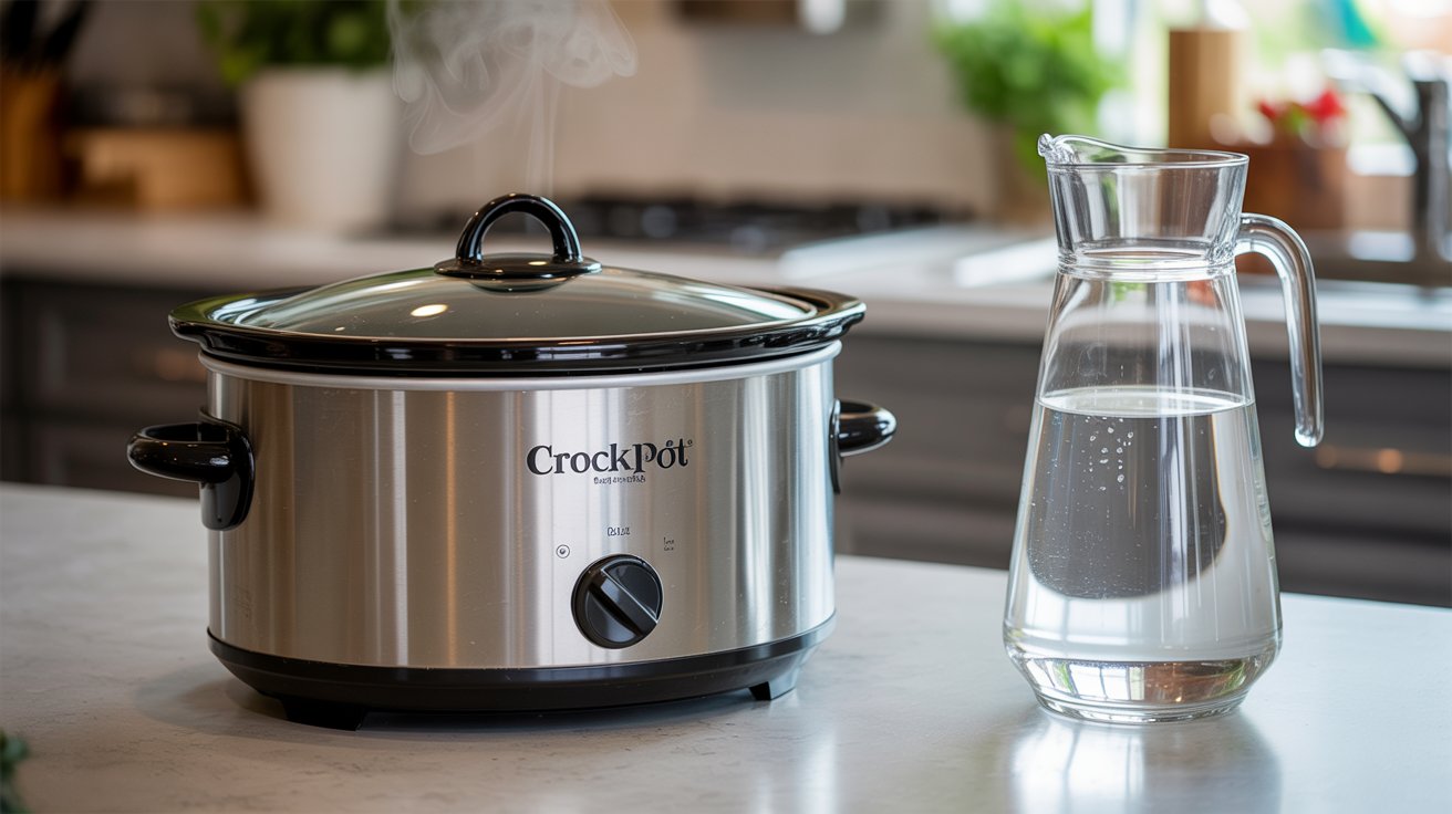 A photograph of a stainless steel 'Crockpot' slow cooker sitting on a light gray kitchen countertop. The slow cooker is filled with clear water, and a gentle stream of steam rises from beneath the glass lid. To the right of the cooker sits a tall glass pitcher filled with fresh drinking water, catching the light and reflecting the kitchen environment. Soft, diffused lighting illuminates the scene, creating a clean and inviting kitchen atmosphere.