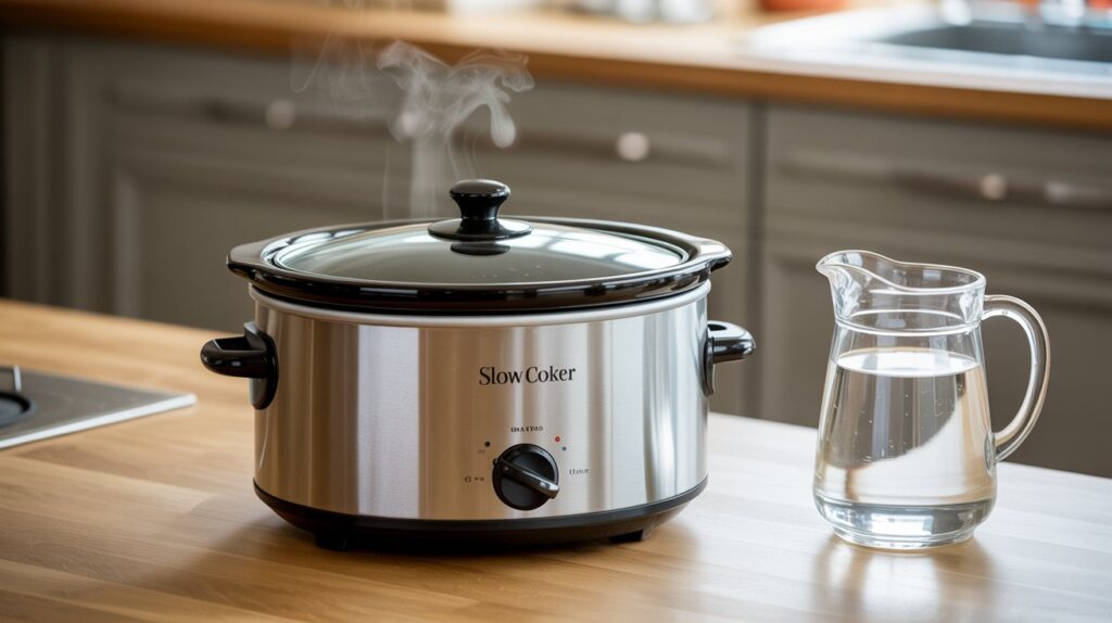 A photograph of a stainless steel slow cooker sitting on a light wood countertop. The slow cooker is filled with clear water and a gentle stream of steam rises, visible through the glass lid, hinting at the warmth within. To the right of the slow cooker sits a clear glass pitcher filled with fresh drinking water. Soft, natural light illuminates the scene, creating a clean and inviting kitchen atmosphere.