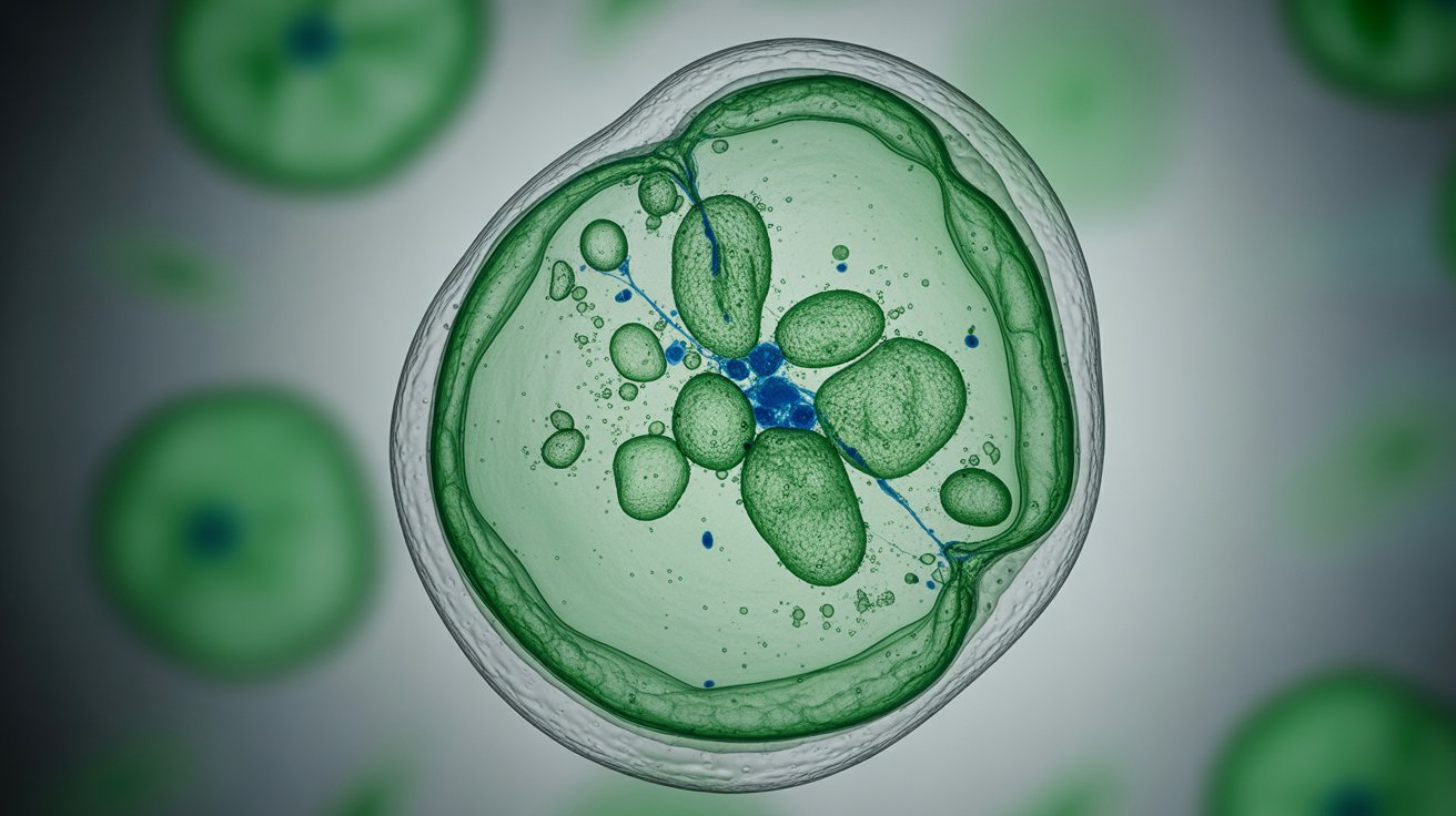 A photograph of a vibrant green plant cell magnified under a microscope, filling the frame with intricate details. The cell's outer membrane appears smooth and translucent, enclosing a dense interior filled with various organelles including a clearly defined nucleus and scattered chloroplasts. A thin stream of bright blue staining solution illuminates some structures. The background is a blurry gradient of soft grey, creating a stark contrast that emphasizes the cell’s delicate structure.