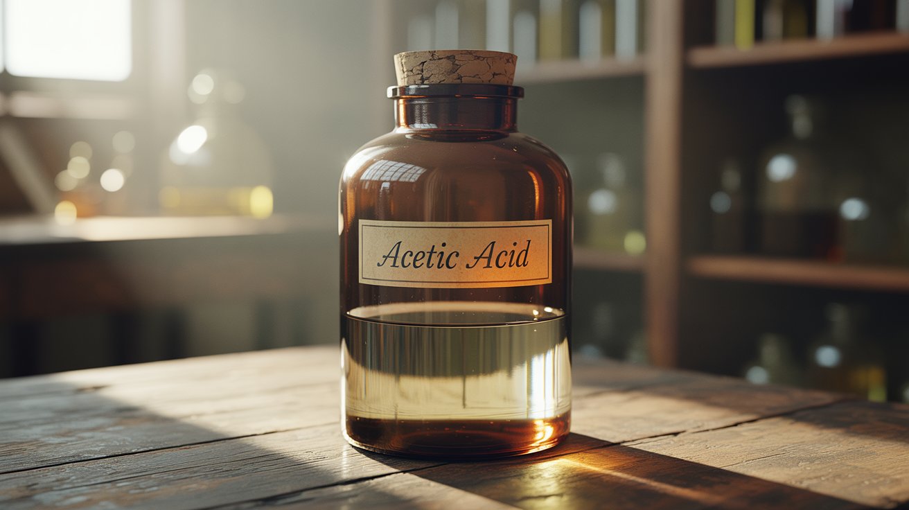 A photograph of a vintage brown glass jar filled with clear acetic acid. The jar has a simple label that reads "ACETIC ACID" in elegant script font, and a slightly worn, cork stopper sits loosely on top. The jar rests on a weathered wooden table bathed in soft, diffused light, creating subtle reflections on the glass and highlighting the liquid’s transparency. Behind the jar, a blurred background of old scientific equipment and shelves suggests a vintage laboratory setting.