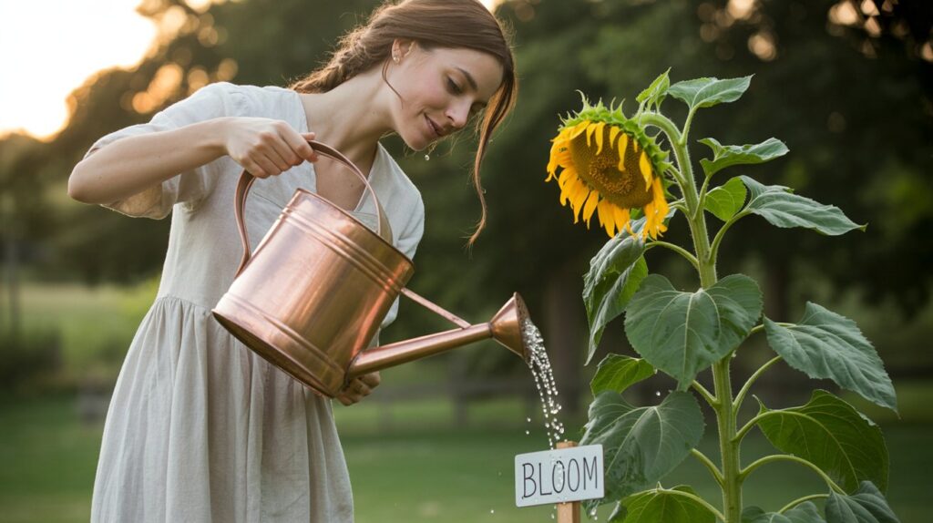 A photograph of a woman gently pouring water from a vintage copper watering can onto a thriving sunflower outdoors. She is wearing a flowing white linen dress and has her hair pulled back in a loose braid, with droplets of water glistening on her skin. The sunflower is tall and vibrant, its golden petals reaching towards the warm afternoon sunlight, with a small sign nearby reading "Bloom". Soft, diffused light illuminates the scene, creating a peaceful and serene atmosphere.