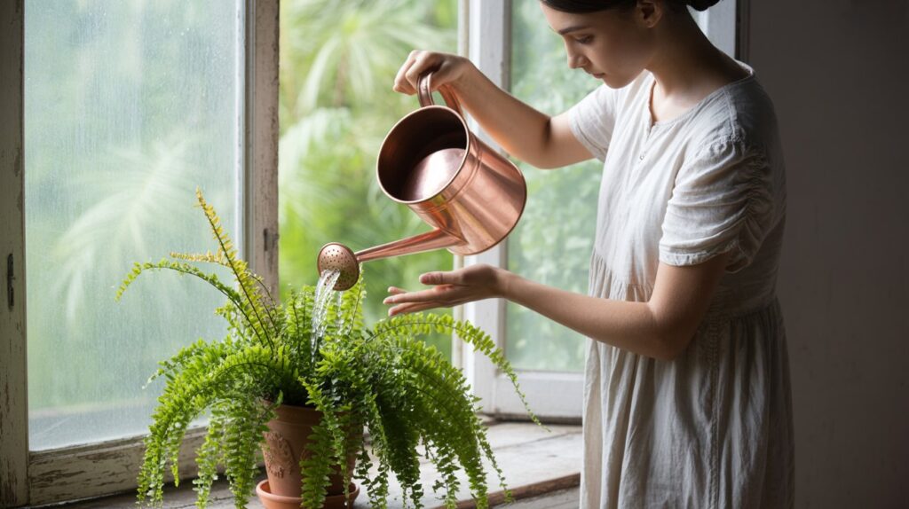 A photograph of a young woman gently pouring water from a copper watering can onto a vibrant green fern. She is wearing a simple white linen dress, and her hands are delicately positioned as she waters the plant. The fern sits in a terracotta pot on a weathered wooden windowsill overlooking a sun-drenched garden, with dappled sunlight streaming in. Soft, diffused light illuminates the scene, creating a peaceful and serene atmosphere.