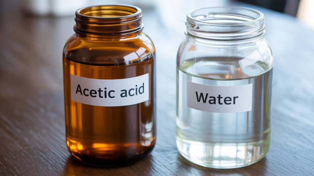 A photograph of two glass jars side-by-side on a dark wooden surface. One jar is made of brown glass and contains a clear, slightly yellowish liquid labeled "Acetic Acid" while the other is clear glass filled with crystal-clear distilled water, both with tightly sealed lids. The acetic acid jar is positioned slightly to the left and catches the light, while the water jar is gently blurred in the background. Soft, diffused lighting highlights the liquid and the labels, creating a scientific and clean aesthetic.
