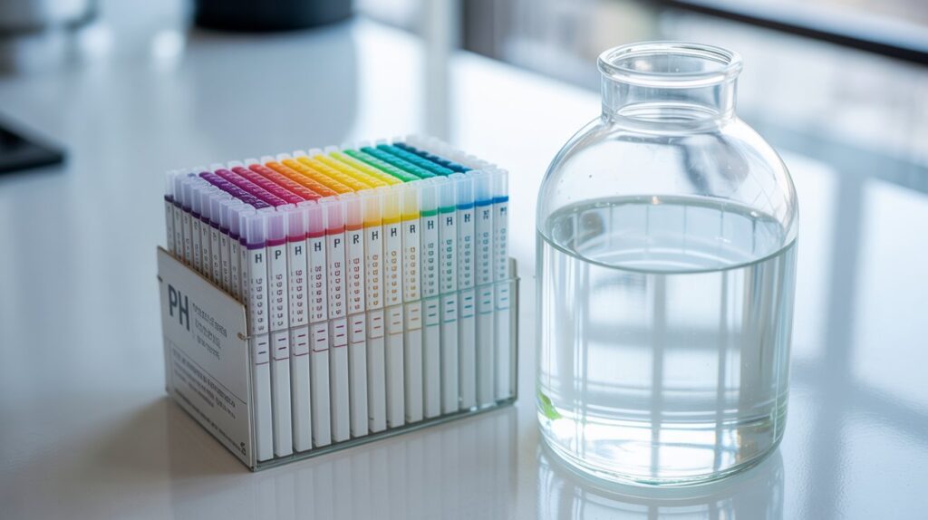 A photograph showcasing a collection of pH test strips arranged neatly beside a clear glass jug filled with distilled water. The test strips display a range of colors, from deep purple to bright yellow, with the label "pH" clearly visible on the box. The jug of distilled water sits on a clean, white laboratory counter with subtle reflections highlighting its transparency. Soft, diffused lighting illuminates the scene, creating a clean and scientific aesthetic.