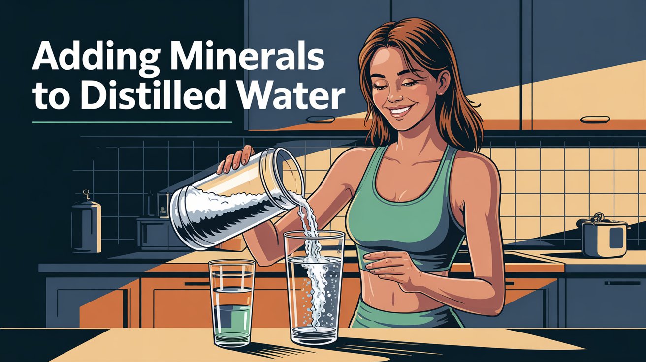 A vibrant and healthy lifestyle poster illustrating the article "Adding Minerals to Distilled Water". The main focus is a smiling woman in her late 20s, with long brown hair and wearing casual athletic wear, carefully pouring mineral powder, specifically calcium, into a glass of clear distilled water. She is positioned in a modern kitchen setting, with stainless steel countertops and minimalist decor in the background, subtly suggesting a focus on wellness. Warm, natural light streams through a nearby window, illuminating the scene and emphasizing the purity of the water, creating an overall sense of health and vitality.