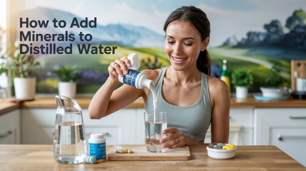A vibrant health and wellness poster illustrating the article "How to Add Minerals to Distilled Water". The central focus is a smiling, athletic woman in her late 20s carefully pouring a measured amount of calcium powder into a glass of clear distilled water, her expression conveying health and vitality. Behind her, a modern kitchen countertop with various mineral supplements like magnesium and potassium capsules is visible, softly illuminated by natural sunlight streaming through a window. The background subtly features a blurred image of lush greenery and a serene landscape to promote a sense of well-being and connection to nature.