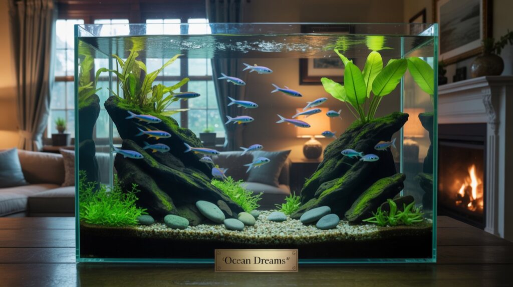 A photograph of a large, ornate aquarium situated in a stylish living room. Inside the aquarium, vibrant schools of neon tetras and elegant angelfish swim amongst lush green aquatic plants and smooth, grey river stones. The aquarium's glass is impeccably clean, reflecting the warm glow of recessed lighting and the soft shadows cast by a nearby velvet armchair with "The Ocean Within" embroidered on it. Outside the aquarium, a blurred view of a bookshelf filled with leather-bound volumes creates a sense of cozy sophistication.