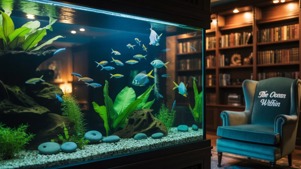 A photograph of a large, ornate aquarium situated in a stylish living room. Inside the aquarium, vibrant schools of neon tetras and elegant angelfish swim amongst lush green aquatic plants and smooth, grey river stones. The aquarium's glass is impeccably clean, reflecting the warm glow of recessed lighting and the soft shadows cast by a nearby velvet armchair with "The Ocean Within" embroidered on it. Outside the aquarium, a blurred view of a bookshelf filled with leather-bound volumes creates a sense of cozy sophistication.