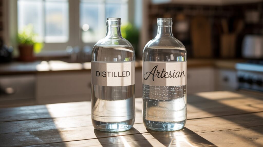 A photograph of two clear glass bottles sitting side-by-side on a rustic wooden table, showcasing the difference between distilled and artesian water. The bottle on the left, labeled "Distilled" in simple black lettering, contains perfectly clear water, while the bottle on the right, labeled "Artesian" in elegant script, has a slight golden hue and visible mineral particles. Soft sunlight streams through a nearby window, casting a gentle glow on the bottles and highlighting the subtle differences in their appearance, with a blurred background of a cozy kitchen. The bottles are positioned slightly apart, allowing for easy comparison and emphasizing the contrasting qualities of each type of water.