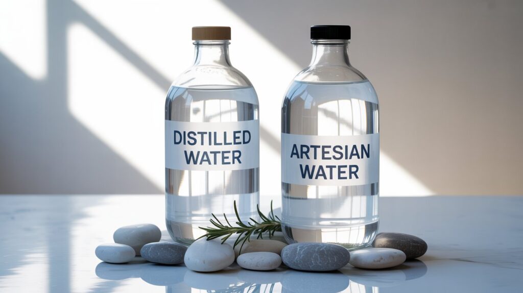 A photograph showcasing two clear glass bottles side-by-side, labeled with "Distilled Water" and "Artesian Water" respectively. The distilled water bottle is pristine and sits on a clean white surface, while the artesian water bottle features a slightly darker hue and rests on a bed of smooth, grey river stones. Soft natural light illuminates the bottles, highlighting the subtle differences in clarity and creating a simple, informative contrast. A small sprig of fresh rosemary rests between the bottles, adding a touch of natural elegance to the scene.