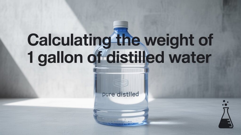 A clean, product-focused advertisement featuring a pristine gallon jug of distilled water positioned against a minimalist, concrete gray background, subtly illuminated by soft, diffused lighting that highlights the water’s clarity and the jug’s simple design. The gallon jug is subtly branded with a faint, embossed geometric pattern and the text “PURE DISTILLED” in a minimalist font along the side. Superimposed over the image, in a bold, modern sans-serif font, is the text "Calculating the Weight of 1 Gallon of Distilled Water" positioned at the top of the frame, with a small, discreet icon of a laboratory beaker in the bottom right corner, conveying a sense of scientific precision and purity with a neutral, educational aesthetic. The overall image evokes a feeling of trust, reliability, and clarity, suitable for scientific or industrial applications of distilled water.