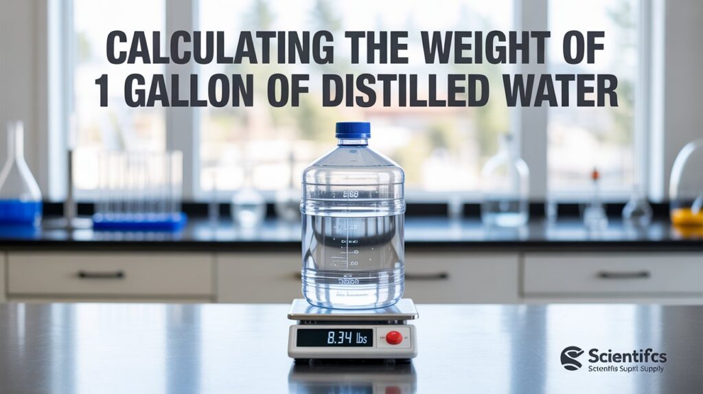 A clean product shot advertisement for a scientific supply company featuring a transparent gallon jug of distilled water sitting on a polished stainless steel lab bench, with a digital scale displaying "8.34 LBS" underneath. The scene is brightly lit with soft, diffused light to highlight the clarity of the water and the precision of the scale, creating a sense of scientific accuracy and trustworthiness. A subtle bokeh effect in the background features blurred lab equipment and beakers, with bold sans-serif text overlayed at the top reading "Calculating the Weight of 1 Gallon of Distilled Water" and the company logo discreetly placed in the bottom right corner, establishing a modern and professional aesthetic.