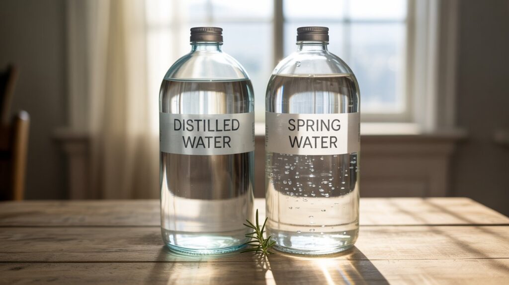 A photograph depicting two clear glass bottles side by side, labeled "Distilled Water" and "Spring Water" respectively. The "Distilled Water" bottle is positioned slightly to the left, showcasing its perfectly clear and pristine liquid, while the "Spring Water" bottle on the right exhibits a subtle, natural cloudiness with tiny suspended particles. Both bottles rest on a rustic wooden table illuminated by soft, diffused sunlight streaming in from a nearby window, creating gentle highlights on the glass and emphasizing the contrast between the two waters. A single sprig of fresh rosemary sits delicately between the bottles, subtly hinting at the natural origins of the spring water.