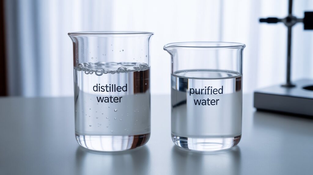 A photograph displaying two clear glass beakers filled with liquids side-by-side labeled with "Distilled Water" and "Purified Water" respectively. The "Distilled Water" beaker has a few microscopic bubbles visible near the top, while the "Purified Water" beaker shows a slightly higher clarity. Both beakers rest on a clean white laboratory table under bright, even studio lighting. A subtle reflection of a stainless steel lab equipment is visible in the background to provide context.