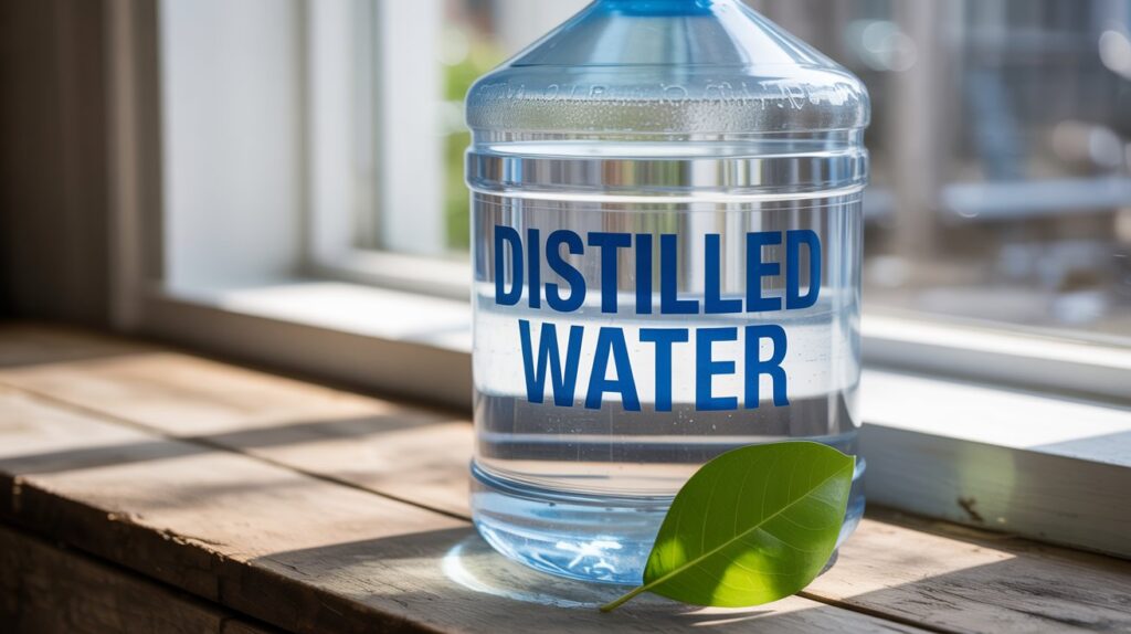 A photograph of a clear gallon jug of distilled water, resting on a weathered wooden surface. The jug is made of thick plastic, with the words "DISTILLED WATER" prominently displayed in bold, black letters along its side.  Sunlight streams in from a nearby window, casting subtle reflections across the water's surface and highlighting the slight imperfections in the plastic. A single, vibrant green leaf rests gently against the jug, adding a touch of natural contrast to the clean, sterile appearance.