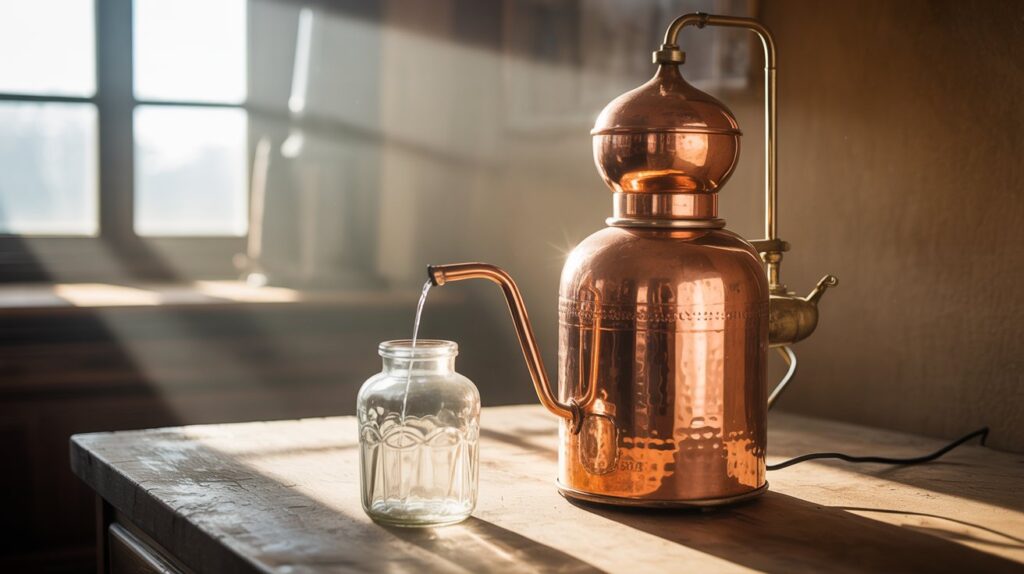 A photograph of a gleaming copper water distiller sitting on a worn wooden countertop. The distiller is tall and cylindrical, its surface reflecting the warm light, with intricate hand-hammered details and a curved glass spout. A single, antique glass jar rests beneath the spout, waiting to collect the purified water. Soft, diffused sunlight streams in from a nearby window, illuminating the distiller and casting subtle shadows across the countertop.