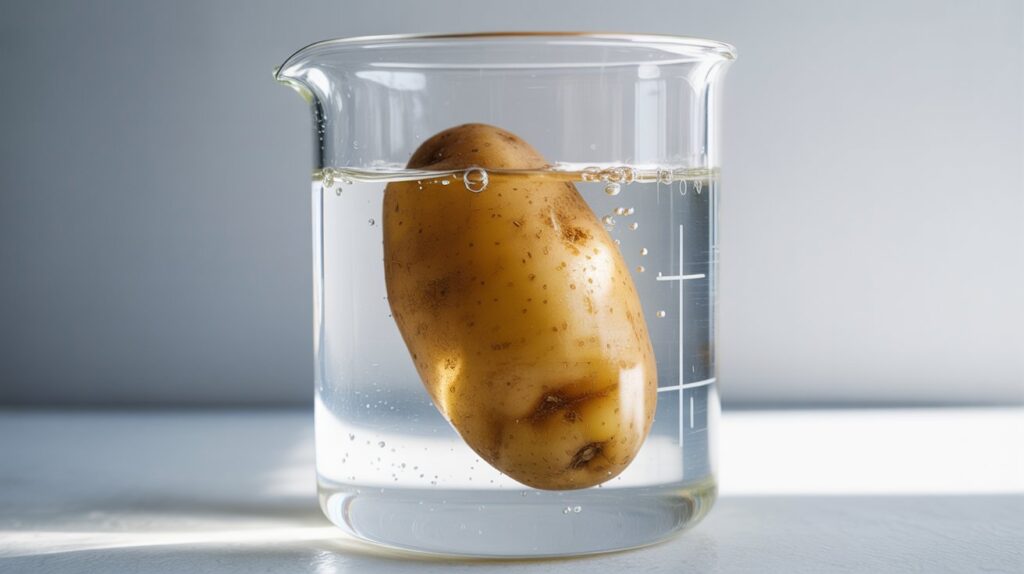 A photograph of a single russet potato submerged in a clear beaker filled with distilled water, styled as a Pinterest pin. The potato is positioned slightly off-center, showcasing its textured skin and earthy brown tones against the pristine clarity of the water, with tiny air bubbles gently rising around it. A soft, diffused light illuminates the scene from above, casting subtle shadows and highlighting the reflective surface of the beaker. The background is a clean, minimalist white surface, contributing to a modern and aesthetically pleasing composition.