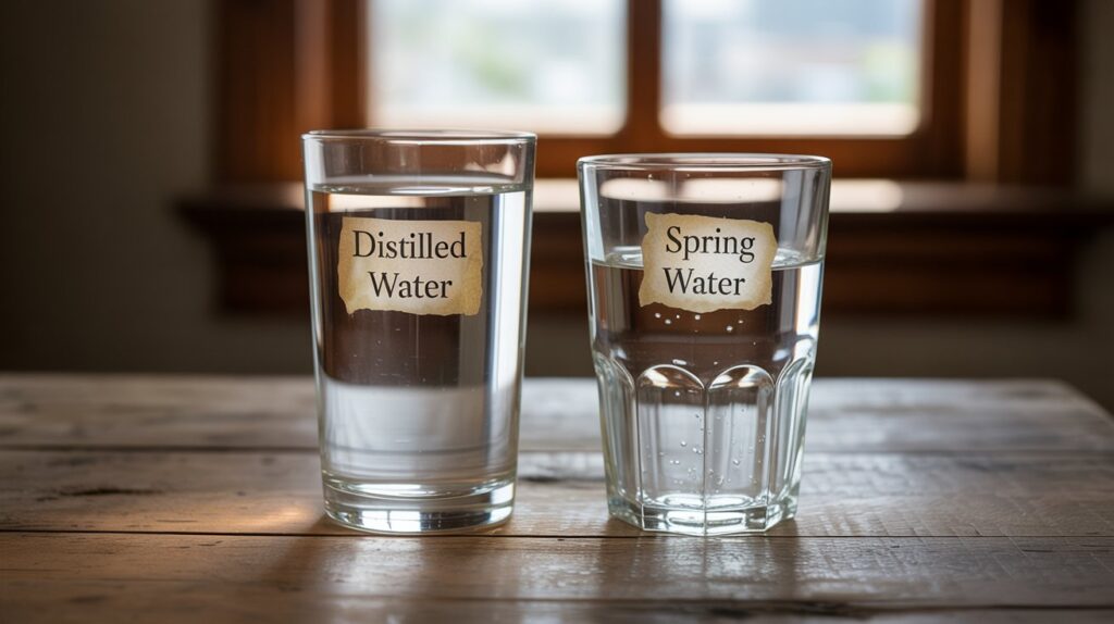A photograph showcasing two clear glasses of water side-by-side on a rustic wooden table. The glass on the left contains distilled water, appearing completely clear and still, while the glass on the right holds spring water with subtle mineral deposits visible at the bottom. A small, weathered label affixed to each glass reads “"Distilled Water"" and “"Spring Water"" respectively. Soft, natural light streams through a nearby window, illuminating the subtle differences in the water's appearance and highlighting the texture of the wooden table.