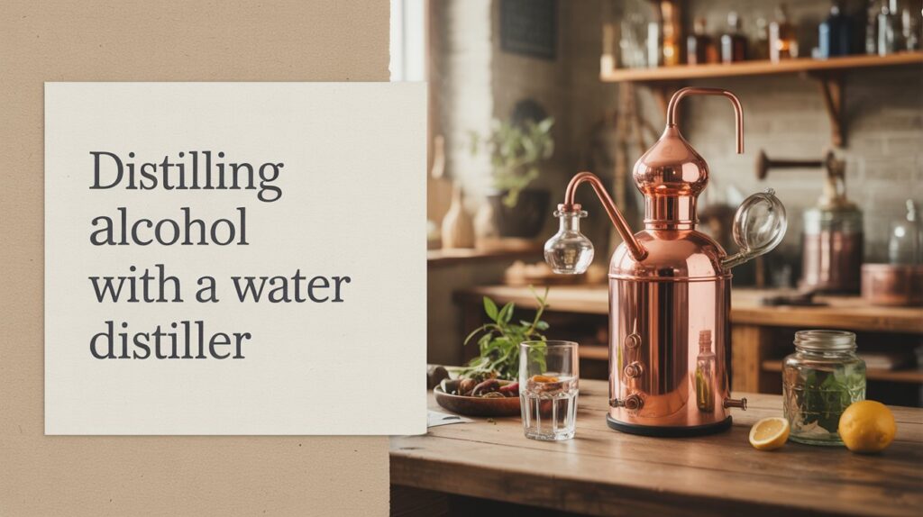 A stylish Pinterest pin showcasing "Distilling Alcohol with a Water Distiller" in a rustic, natural aesthetic. The central focus is a gleaming copper water distiller with glass attachments, positioned on a wooden workbench alongside glass jars and botanical ingredients like herbs and citrus fruits. Warm, natural light illuminates the scene, casting gentle shadows and highlighting the texture of the copper and wood, with a blurred background of a vintage home brewing setup and aged wooden shelves. The pin's design incorporates a textured paper overlay and subtly distressed typography to convey a sense of heritage and craftsmanship.