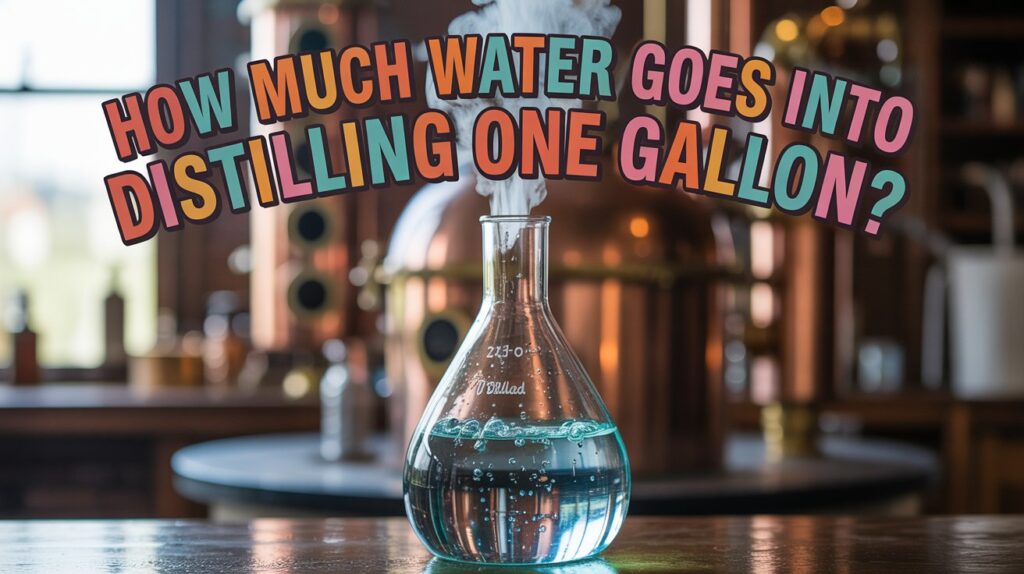 A stylish Pinterest pin with the title "How Much Water Goes Into Distilling One Gallon?" displayed in vibrant, bold, multi-colored lettering that arches across the top of the image. The central focus is a close-up of a clear glass distillation flask filled with shimmering, turquoise-colored water, gently bubbling with condensation and steam rising towards the top. Behind the flask, a blurred background shows a rustic, wooden distillery setup with copper pipes and gauges, subtly illuminated by soft, warm light. The overall aesthetic evokes a sense of craftsmanship and scientific curiosity, presenting an engaging and visually appealing exploration of the distillation process.