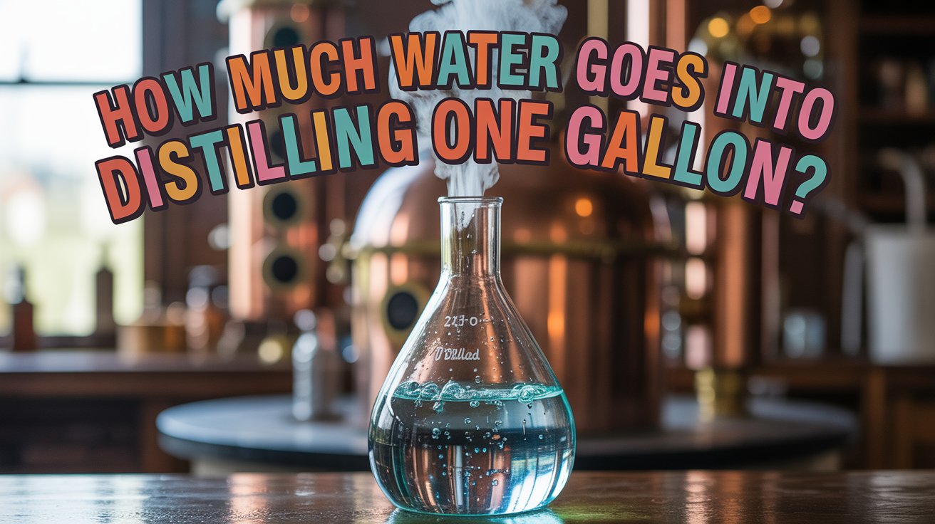 A stylish Pinterest pin with the title "How Much Water Goes Into Distilling One Gallon?" displayed in vibrant, bold, multi-colored lettering that arches across the top of the image. The central focus is a close-up of a clear glass distillation flask filled with shimmering, turquoise-colored water, gently bubbling with condensation and steam rising towards the top. Behind the flask, a blurred background shows a rustic, wooden distillery setup with copper pipes and gauges, subtly illuminated by soft, warm light. The overall aesthetic evokes a sense of craftsmanship and scientific curiosity, presenting an engaging and visually appealing exploration of the distillation process.