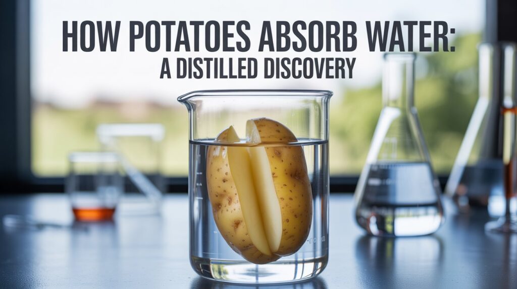 A stylized Pinterest pin titled "How Potatoes Absorb Water: A Distilled Discovery" showcasing a single russet potato partially submerged in clear water within a laboratory beaker. The potato is sliced in half, revealing its porous interior structure, and the cut surfaces are glistening with absorbed water. The background features a softly blurred laboratory setting with glassware and scientific equipment, illuminated by diffused natural light, creating a clean and educational aesthetic. The font is bold and reminiscent of vintage scientific posters, ensuring the title is easily readable and visually striking.
