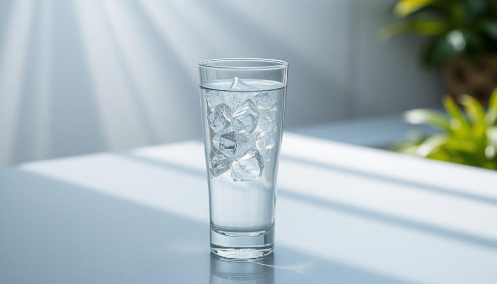 A crystalline glass filled with the purest, distilled water, resting on a sleek, modern surface. Beams of soft, diffused light cast a tranquil glow, highlighting the water's clarity and purity. In the background, a minimalist, natural setting suggests the rejuvenating, detoxifying effects of this simple, yet powerful liquid. The composition emphasizes the water's tranquility, cleanliness, and restorative qualities, inviting the viewer to contemplate its soothing, detoxifying power.