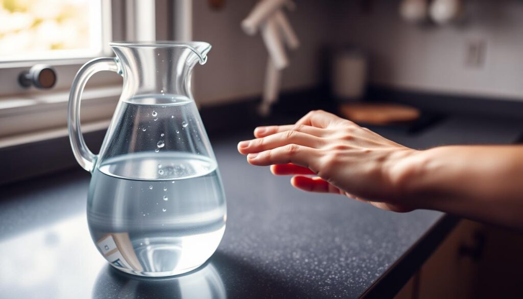 A dimly lit kitchen counter, the surface illuminated by soft, natural light filtering through a nearby window. On the counter, a glass carafe filled with freshly distilled water, its surface reflecting the subtle details of the surrounding environment. A few droplets of water cling to the sides of the carafe, hinting at the purity and clarity of the liquid within. In the foreground, a person's hand gently touches the carafe, examining the taste and texture of the distilled water, a thoughtful expression on their face as they evaluate the quality of their home water purification system.