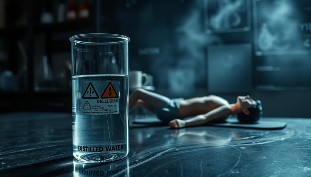 A dimly lit laboratory setting, with an array of scientific glassware and equipment on a steel workbench. In the foreground, a glass beaker filled with distilled water stands prominently, its clarity contrasted by a series of cautionary symbols and warning labels affixed to its surface. In the middle ground, a model human figure lies reclined, appearing fatigued or unwell, conveying the potential drawbacks of excessive distilled water consumption. The background is hazy, evoking a sense of uncertainty and unease, with subtle hints of medical charts or diagnostic imagery visible on the walls. The lighting is somber, casting dramatic shadows and highlighting the serious, cautionary tone of the scene.