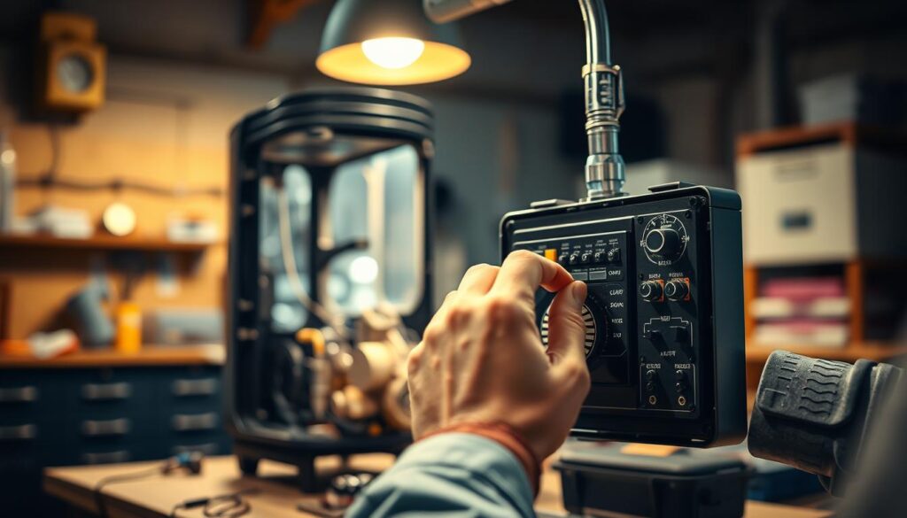 A dimly lit workshop, the focus on a disassembled water distiller resting on a workbench. Warm task lighting illuminates the intricate components, revealing the inner workings of the machine. In the foreground, a skilled technician's hands delicately inspect the control panel, searching for the source of the malfunction. The background is blurred, emphasizing the intense concentration required to diagnose and repair the electrical issues. The scene conveys a sense of technical expertise and problem-solving, perfectly capturing the essence of "Resolving Control Panel and Electrical Problems" in the water distiller repair process.