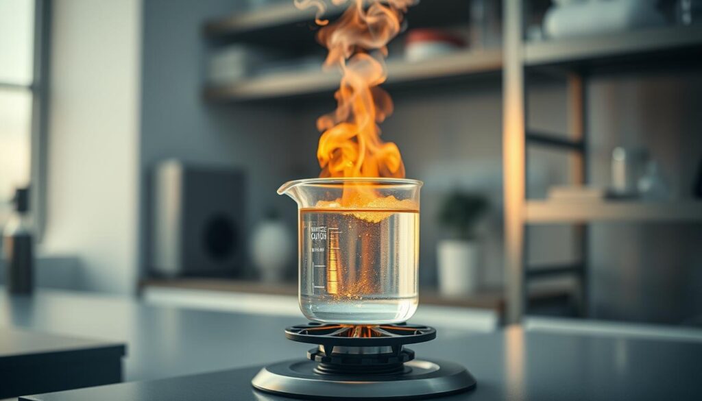 A glass beaker filled with clear water, sitting atop a gas burner that casts a warm, amber glow. Steam gently rises from the liquid, creating a mesmerizing mist that dances in the air. The scene is bathed in soft, diffused lighting, giving it a serene, almost meditative atmosphere. In the background, a clean, minimalist laboratory setting with steel shelves and scientific equipment, conveying a sense of precision and expertise. The overall composition emphasizes the elegant simplicity of the distillation process, inviting the viewer to consider the misconceptions surrounding boiling and its role in water purification. A glass beaker filled with clear water, sitting atop a gas burner that casts a warm, amber glow. Steam gently rises from the liquid, creating a mesmerizing mist that dances in the air. The scene is bathed in soft, diffused lighting, giving it a serene, almost meditative atmosphere. In the background, a clean, minimalist laboratory setting with steel shelves and scientific equipment, conveying a sense of precision and expertise. The overall composition emphasizes the elegant simplicity of the distillation process, inviting the viewer to consider the misconceptions surrounding boiling and its role in water purification.