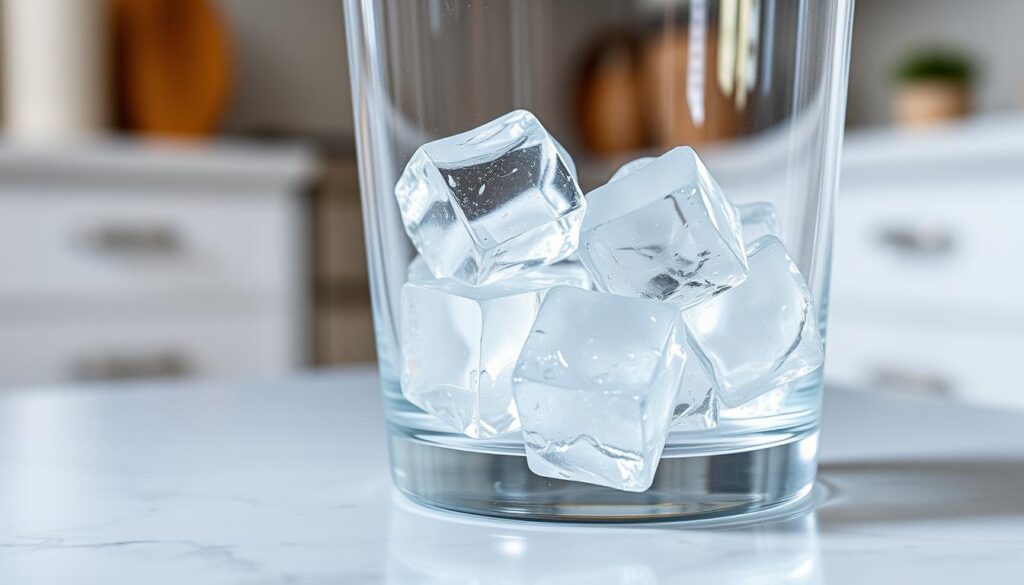 A glass filled with clear, crystalline ice cubes, resting on a clean, sleek kitchen counter. The cubes glisten under the soft, diffused lighting, casting delicate shadows that accentuate their sharp, angular edges. The scene is captured from a low, slightly elevated angle, emphasizing the three-dimensional, faceted quality of the ice. The background is blurred, creating a sense of focus and depth, drawing the viewer's attention to the captivating transparency and purity of the ice. The overall mood is one of refinement, clarity, and the beauty of simple, natural elements in the culinary domain.