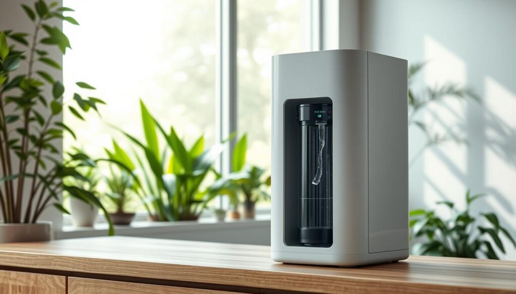 A modern, eco-friendly home water purification system, featuring a sleek, minimalist design with a prominent central filtration unit. The system is positioned on a minimalist wooden countertop, surrounded by lush, vibrant greenery and natural lighting streaming in through large windows, creating a serene, sustainable atmosphere. The filtration unit has a transparent panel, allowing a glimpse of the inner workings and the clean, purified water flowing through. Subtle, muted tones of gray, white, and wood tones provide a calming, contemporary aesthetic, in harmony with the environmentally-conscious theme. The overall composition emphasizes the system's efficiency, simplicity, and integration into a harmonious, nature-inspired home setting.