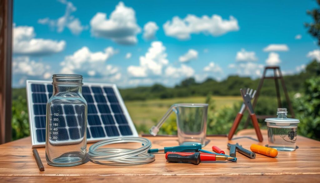 A neatly arranged tabletop showcasing the essential materials for a DIY solar water distiller. In the foreground, a glass jar or beaker, clear tubing, and a collection container sit atop a wooden surface. In the middle ground, a solar panel or reflective sheet, a frame or stand, and various tools like a screwdriver and pliers are visible. The background features a tranquil outdoor scene with a blue sky, puffy clouds, and lush greenery, setting the scene for an off-grid, sustainable purification solution.