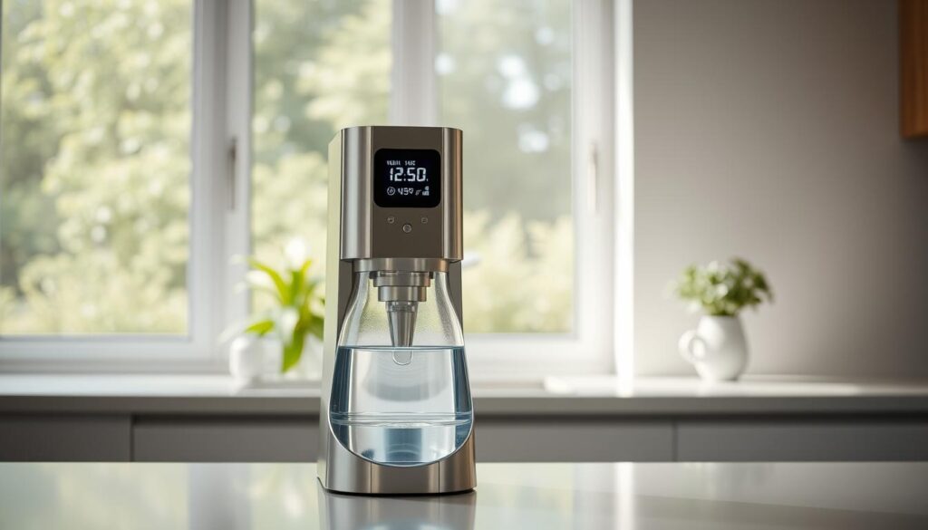A sleek, modern water distillation system situated in a well-lit, minimalist kitchen. The device features a transparent glass carafe, gleaming metal accents, and a digital display providing real-time efficiency metrics. The scene is bathed in soft, diffused lighting, creating a sense of tranquility and focus. In the background, a window overlooks a lush, green garden, symbolizing the sustainable nature of the process. The overall composition conveys a clean, energy-efficient, and environmentally conscious approach to water purification, perfectly suited for the "Essential Maintenance for Improved Energy Efficiency" section of the article.