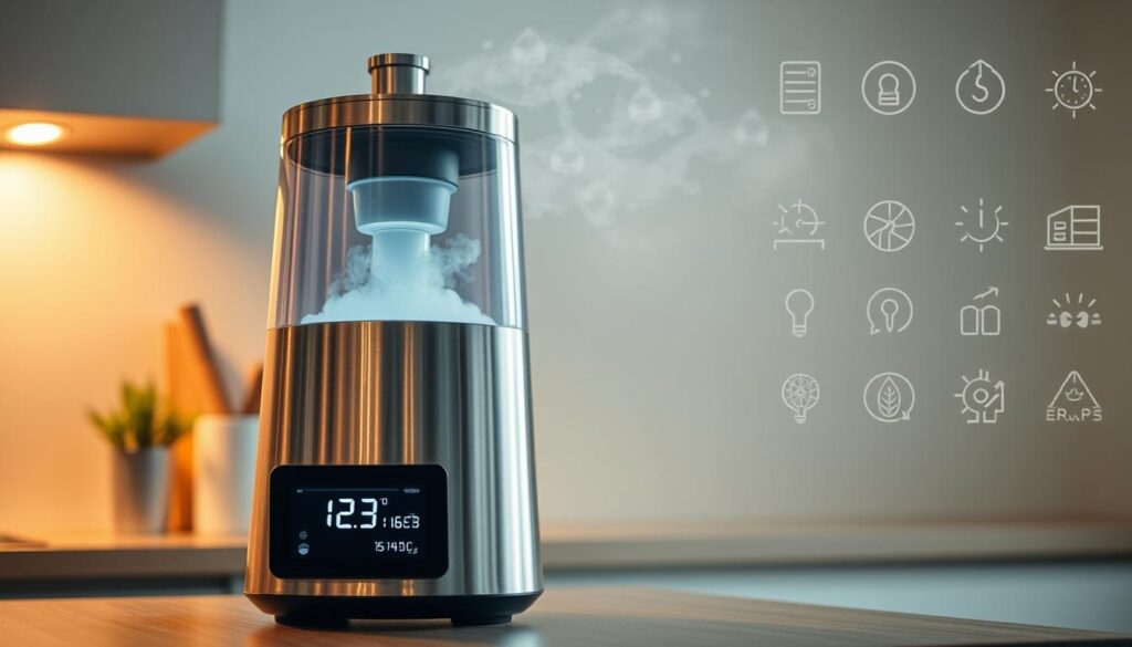 A sleek, modern water distiller standing on a kitchen counter, its gleaming metal body reflecting the warm overhead lighting. The distillation chamber is visible, with steam gently rising, signifying the energy-efficient process at work. In the foreground, a digital display shows the current energy usage and efficiency metrics, providing real-time feedback to the user. The background features energy-saving icons and subtle, soothing patterns, creating a calm, environmentally-conscious atmosphere. The entire scene conveys a sense of technological innovation and environmental responsibility.