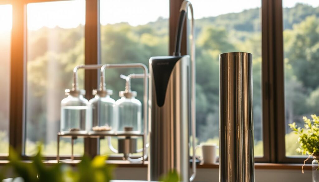 A sleek, modern water distiller stands prominently in the foreground, its streamlined design and shiny metallic finish conveying a sense of advanced, eco-friendly technology. In the middle ground, a series of glass vessels and piping components suggest a sophisticated water purification system, while the background showcases a lush, verdant landscape, hinting at the distiller's environmentally-conscious design. Soft, natural lighting filters through large windows, casting a warm, organic glow over the scene. The overall impression is one of efficient, sustainable water treatment technology seamlessly integrated into a harmonious, nature-inspired setting.