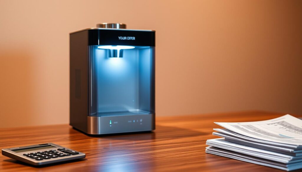 A sleek, modern water distiller unit sits atop a wooden desk, casting a soft, ambient glow. The distiller's minimalist design features clean lines and a metallic finish, reflecting the room's subdued lighting. In the foreground, a calculator and a neat stack of financial documents convey a sense of careful cost analysis. The middle ground showcases the distiller's control panel, with intuitive touch interfaces and digital readouts, hinting at its advanced functionality. The background blends seamlessly, with a subtle gradient of warm tones, creating a professional, office-like atmosphere. The overall scene conveys a balanced and thoughtful evaluation of the distiller's value proposition.