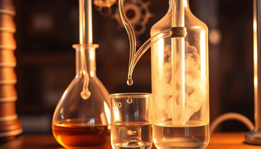 A small-scale distillation setup with a boiling flask, a condenser, and a collection vessel. The scene is illuminated by warm, gentle lighting, casting a soft glow on the glassware. The distillation process is in progress, with vapor rising from the flask and condensing in the condenser tube, slowly dripping into the collection vessel below. The background is blurred, focusing the viewer's attention on the intricate details of the apparatus. The overall atmosphere conveys a sense of scientific exploration and DIY experimentation. A small-scale distillation setup with a boiling flask, a condenser, and a collection vessel. The scene is illuminated by warm, gentle lighting, casting a soft glow on the glassware. The distillation process is in progress, with vapor rising from the flask and condensing in the condenser tube, slowly dripping into the collection vessel below. The background is blurred, focusing the viewer's attention on the intricate details of the apparatus. The overall atmosphere conveys a sense of scientific exploration and DIY experimentation.
