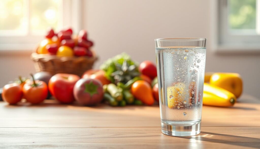 A vibrant, photorealistic image of various health benefits associated with drinking distilled water. In the foreground, a glass of clear, sparkling distilled water sits on a wooden table, reflecting the natural light from a large window. The middle ground showcases a selection of fresh fruits and vegetables, symbolizing the purity and nutrient-rich nature of distilled water. In the background, a soothing, minimalist environment with soft, natural lighting creates a calming atmosphere. The overall composition conveys the idea of a healthy, balanced lifestyle enabled by the use of distilled water, free from impurities and contaminants.