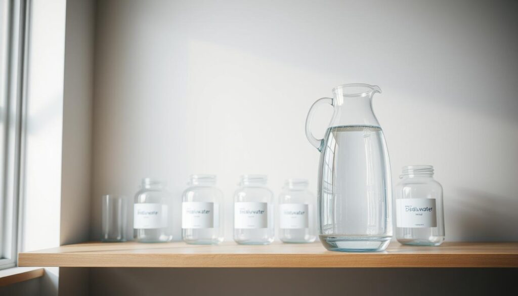 A well-lit, meticulously arranged scene of distilled water storage. In the foreground, a clear glass carafe filled with pristine, crystal-clear distilled water stands atop a sleek, minimalist wooden shelf. The carafe is illuminated by soft, diffused natural light filtering in through a large window, casting a gentle glow and highlighting the water's purity. In the middle ground, additional glass or BPA-free plastic containers of various shapes and sizes, all neatly labeled, are arranged in a visually pleasing manner. The background features a clean, uncluttered space with muted, neutral-toned walls, conveying a sense of order and tranquility. The overall composition exudes a serene, clinical aesthetic that underscores the importance of proper distilled water storage and preservation.