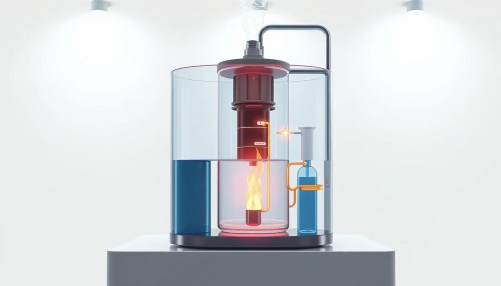 a detailed technical illustration of a water distiller's energy consumption, set against a minimalist white background. the distiller apparatus is rendered with precise engineering accuracy, showcasing its inner components and the flow of energy through the system. bright, even lighting illuminates the distiller, highlighting its sleek, modern design. the background is void of distractions, allowing the distiller's energy efficiency to be the sole focus. the image conveys a sense of simplicity and clarity, effectively debunking the myth of water distillers being energy-intensive.