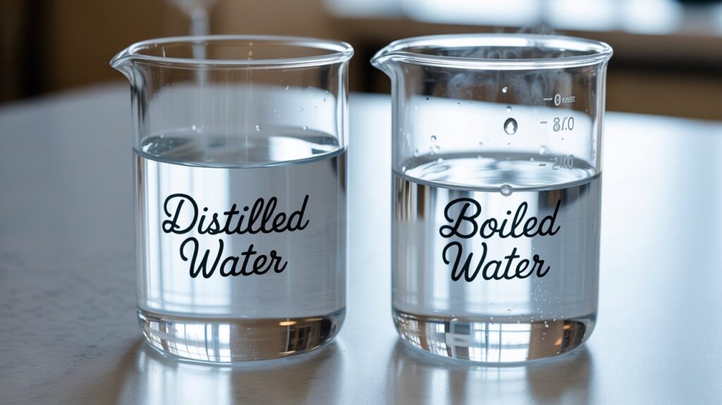 A photograph of two clear glass beakers side by side, labeled with "Distilled Water" and "Boiled Water" in elegant black script. The beaker labeled "Distilled Water" contains perfectly clear liquid, reflecting the ambient light, while the "Boiled Water" beaker shows subtle steam rising from its surface. The beakers rest on a clean, white laboratory countertop with soft, natural lighting highlighting the difference in appearance between the two water samples.