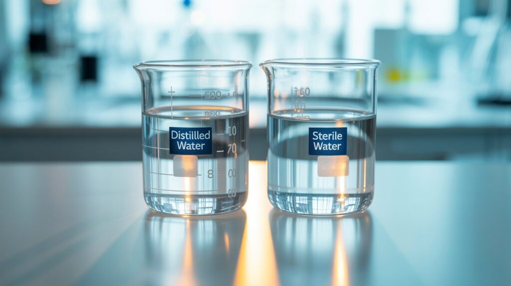 A photograph of two clear glass bottles side-by-side, labeled with "Distilled Water" and "Baby Water" respectively. The distilled water bottle is positioned slightly in front, reflecting a soft, diffused light while the baby water bottle is more in focus. Behind the bottles is a clean, white laboratory countertop with a few scattered droplets of water, and a subtle, sterile background. Soft, even lighting illuminates the bottles, highlighting their transparency and emphasizing the difference in purity.